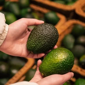 a-woman-chooses-an-avocado-in-a-grocery-store